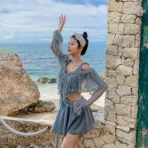 2020 Korean One Piece Swimwear Ladies Swimsuit Skirt Lace Swim Bathing Suit Summer Long Sleeve Black Cut Out Monokini Beach Wear