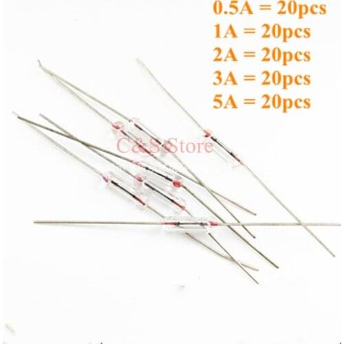 5 kinds * 20pcs = 100pcs/lot 3*10mm 250V Axial fast glass fuse with lead wire Mix Set 0.5A 1A 2A 3A 5A 3x10