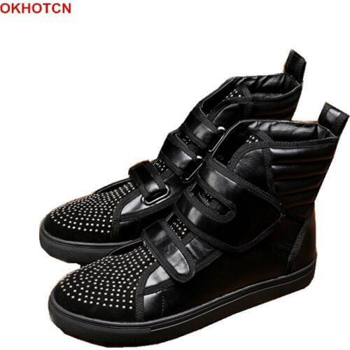 Fashion Martin Leather Boots Men Round Toe Crystal Winter Leather Men Waterproof Rubber Snow Boots Patchwork Rhinestone Botines