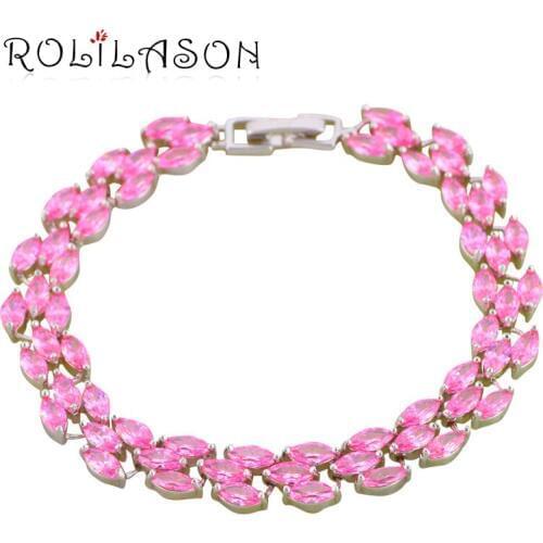 ROLILASON Trendy Jewelry Charm Bracelet Pink zircon Silver Plated Wholesale&Retail Romantic Gift for Women TBS1124
