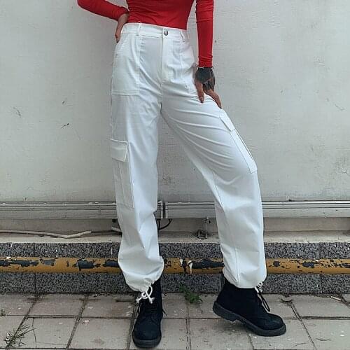 2020 Brand New Button Pockets Cargo Pants Women Streetwear High Waist Trousers Fashion Drawstring Cuff Pants Joggers Pantalones