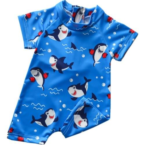 0-3Y Infant Baby Boys Swimwear Cartoon Animal Print Short Sleeve Zipper Blue Beach wears For Kids Summer Gifts