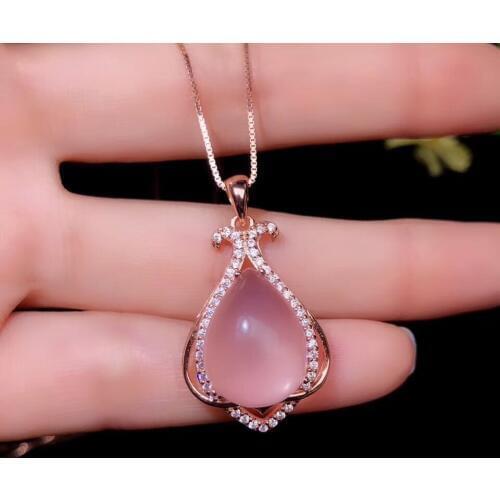 Big size classic pink Rose Quartz pendant for necklace with silver jewelry for women water drop natural gem soft character gift
