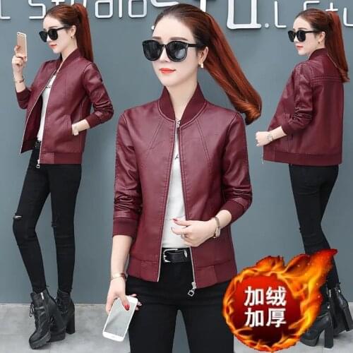 2021Spring Autumn New Slim Stand-UP Collar Baseball Uniform Plus Velvet Thick PU Outwear Female Leather Jacket Short Coat Women