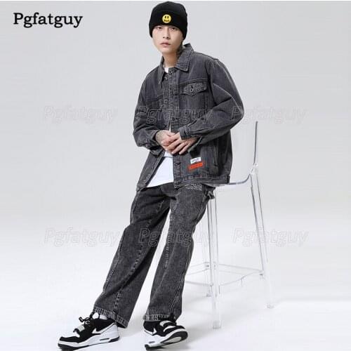 New Loose Men 2 Piece Sets 2021 Autumn Winter Black Long Sleeve Denim Jacket + Straight Jeans Size M-5XL Conjuntos De Hombres