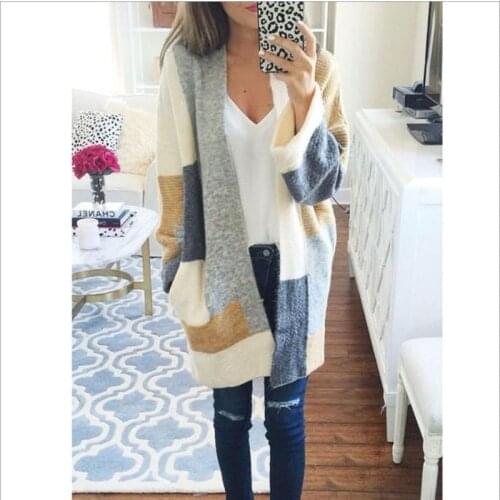 New contrast color long-sleeved loose mid-length sweater cardigan