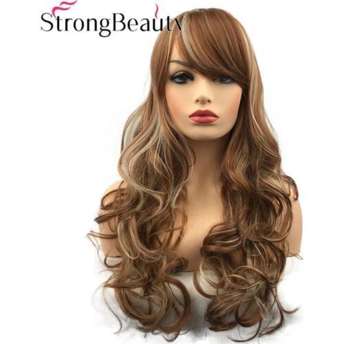 StrongBeauty Long Curly Wigs with Bangs Synthetic Wig Heat Resistant Womens Hair