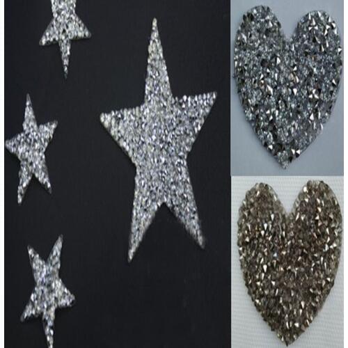 Clear Grey Fivestar & Heart Chunky Glitter Rhinestones Trim Iron On Hotfix Back Glue Crystal Rhinestone iron for wedding