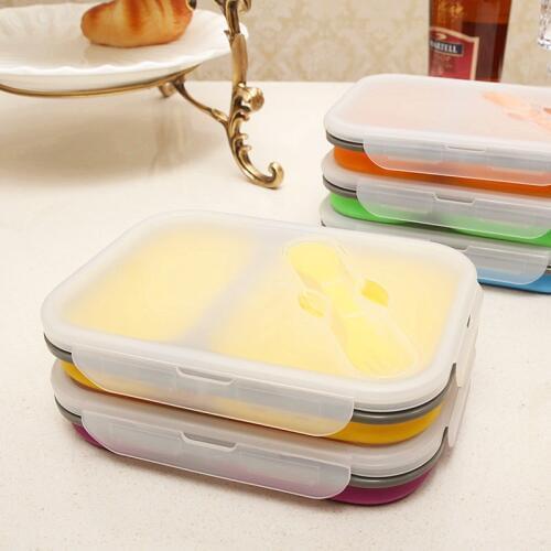 Silicone foldable lunch box creative microwave lattice portable bento box sealed with student cover rectangle