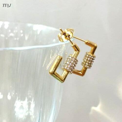 Rhinestone rectangle hoop earrings for women 2021 geometry stainless steel gold earrings minimliast simple jewelry punk cool