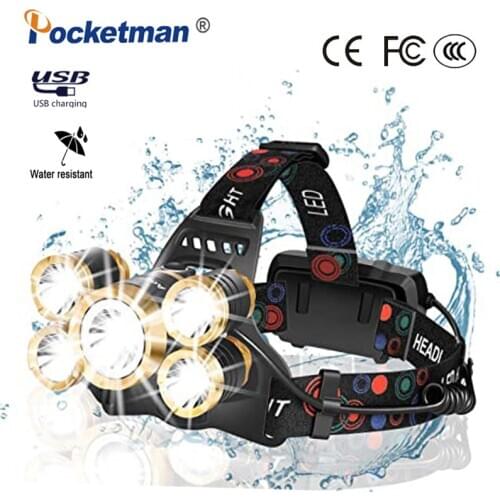 100000 Lumens Bright 5 Led Headlamp XML T6 Powerful Outdoor Torch Led Headlight with 18650 battery Flashlight Lights for Fishing