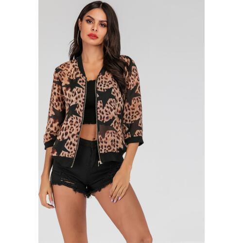 YYFS 2019 High Quality Summer New Cotton Leopard Print Long Sleeve Zipper Short Coat Loose Casual Chiffon Stand Collar Coat Top