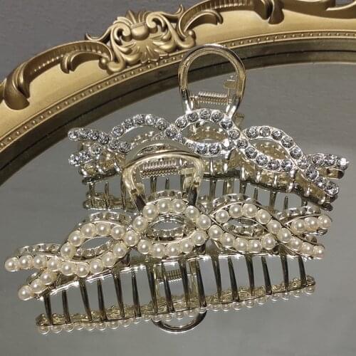 Catch Clip Female French Temperament Pearl Hairclaws Rhinestone Twist Metal Large Coil Hair Catch Hair Headdress
