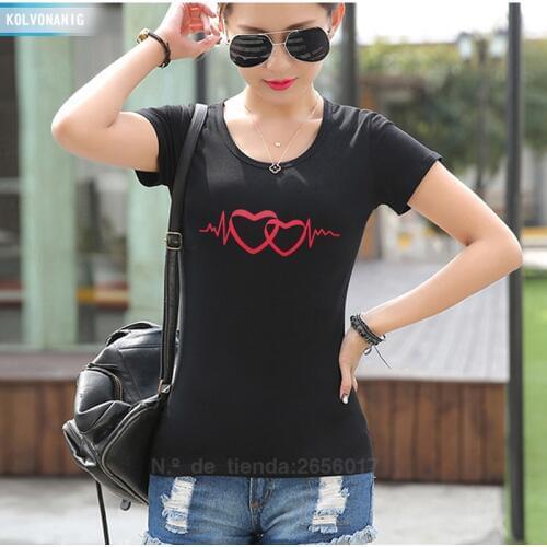 KOLVONANIG 2019 Summer New Fashion Heartbeat Love Printed T-Shirts Women Slim Short Sleeve Cotton T Shirt Ladies Harajuku Tops