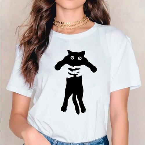 Women T-shirts T Top Shirt Funny Cute Cat Trend Cartoon Cat Cute Kawaii 90s Ladies Print Lady Womens Stylish Sweet Tee T-Shirt