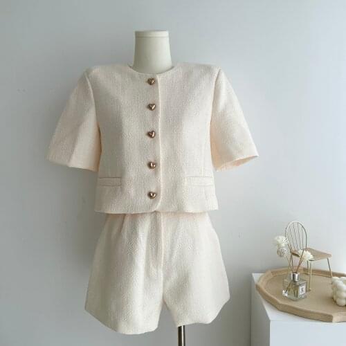High Quality Female Elegant Shorts Suit 2021 New Fashion Tweed Two Piece Set Girls Top Jacket Coat Shorts Set Women Outfits