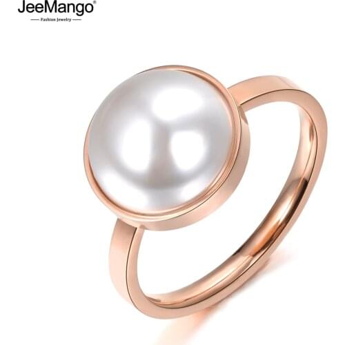 JeeMango Classic 316L Stainless Steel Engagement Wedding Ring Simulated-Pearl Half Ball Design Jewelry For Women Gift JR18044