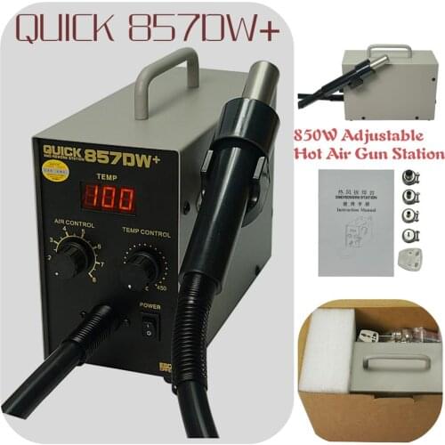 Free shipping QUICK 857DW+ Soldering Station 850W Adjustable Hot Air Gun with Heater Helical Wind SMD Rework
