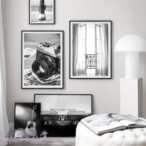 Black White Camera Guitar Piano Canvas Painting Sexy Beach Girl Posters and Prints Wall Art Nordic Pictures Aesthetic Room Decor