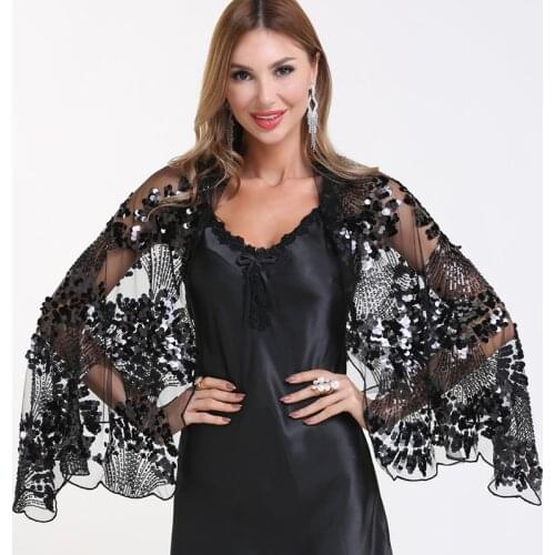 Floral Sequined Beaded Fringe Evening Wrap Scallops Party Bridal Shawl Bolero Flapper Mesh Wedding Cover Up 1920s Scarf