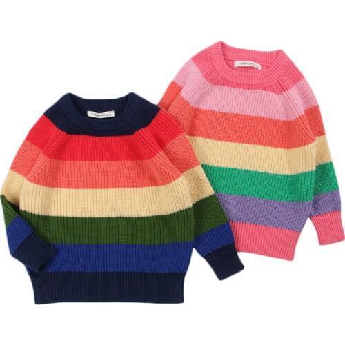 Kids Winter Sweater Pullovers Rainbow Stripe Children Casual Cotton Sweaters O-neck Girls Boys Sweaters Children Clothing GW135
