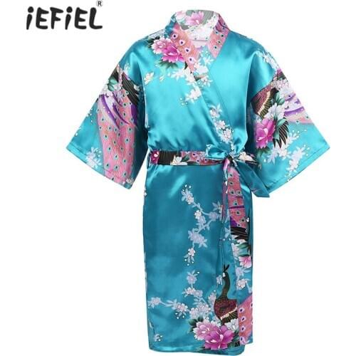 Kids Girls Peacock Flower Printed Satin Kimono Robe Cross Wrap V-neck Robes Bathrobe Nightgown Sleepwear for Spa Party Birthday