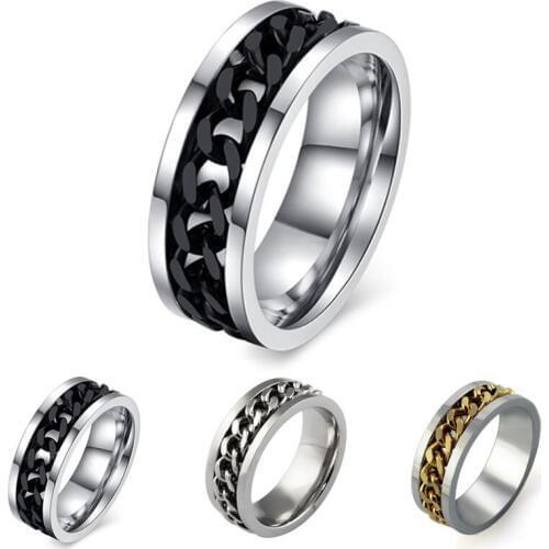 FATPIG Fashion Punk Rock Ring Mens Accessories 2018 Stainless Steel black Chain Spinner Rings For Men 3 Colors USA Size 6-10