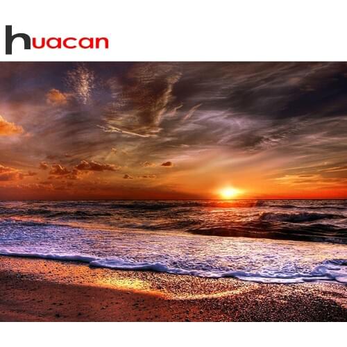 Huacan DIY Diamond Painting Full Square Sunset Diamond Embroidery Kits Mosaic Seaside Decorations Wall Art