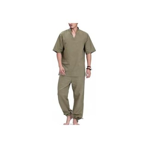 Men gray/red top quality Summer short sleeve Cotton&linen Yoga suit gym uniforms lay meditation suits kung fu tai chi clothing