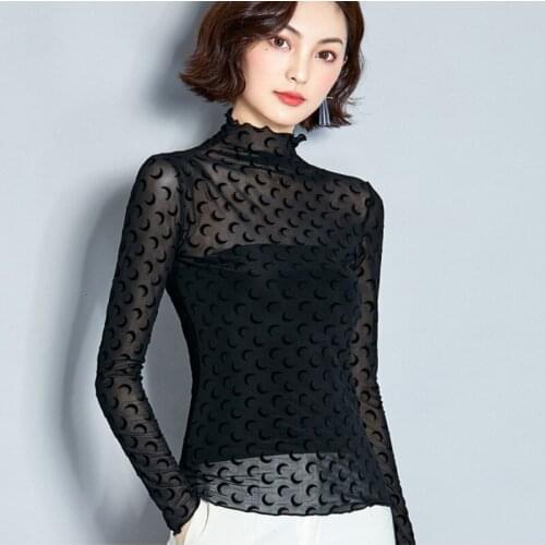 Lace Elastic Black Sexy Women Blouse Female Vintage Hollow Out Tops Puls Size Autumn Ladies Korean Elegant Bodycon Mesh Blouse