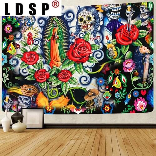 LDSP Tapestry Skull Flower Day of The Dead Wall Hanging Mural Background Wall Rugs Beach Towel Fabric Blanket Living Home Decor
