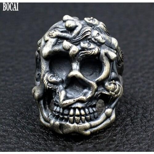 New Beauty and Skull Man Ring solid s925 pure silver handmade rock hip-hop punk nude girl ring for men