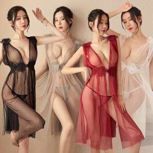 The new 4 color tulle dress is sexy and hot, transparent lace mesh deep Vneck pajama dress, womens retro dress with hollow slit