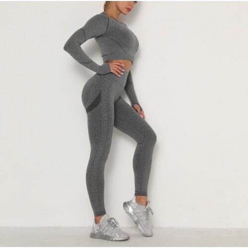 Outdoor Gym Sportwear Suit Yoga Clothes Long Sleeve Crop Top+Fitness Yoga Leggings Female 2 Pcs Seamless Running Yoga Set Women