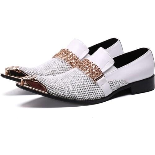 Christia Bella Personalized Golden Metal Pointed Toe Male White Grid Genuine Leather Shoes British Style Mens Party Dress Shoes