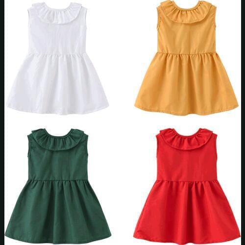 Summer New Style Baby Girl Princess Dress Kids Solid Color Sleeveless Ruffle Collar Bow Dress for Girls
