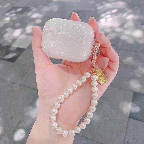Luxury Glossy Shell Pattern Headphone Earphone case for apple airpods pro Headset Cover Fundas With Cute Pearl Bracelet Keychain