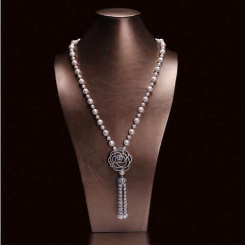 Sweater Pearl Necklace Jewelry Flower Style Pendant Tassel Necklace Women Long Chain Lady Gifts
