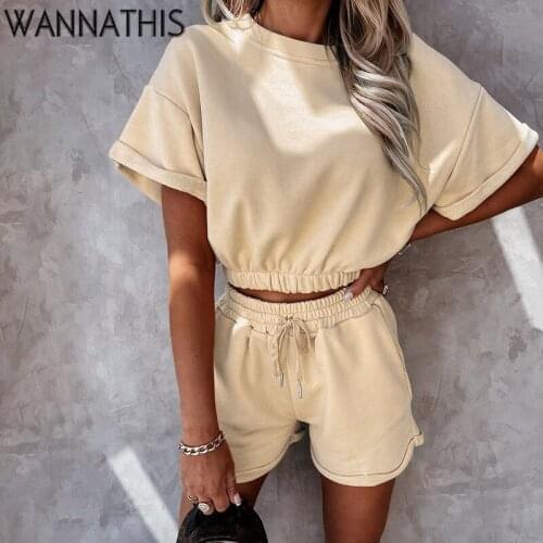 WannaThis Cotton Summer Women 2 Piece Shorts Shirt Sets Crop Top Tracksuit Pocket Loose Solid Lace Sexy Fitness 2 Piece Sets2021