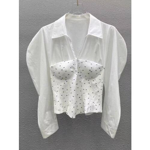 Women Short Blouses Tops 2021 Autumn Diamonds Runway Long Sleeve Shirt Ladies Elegant Vintage White / Black Shirts