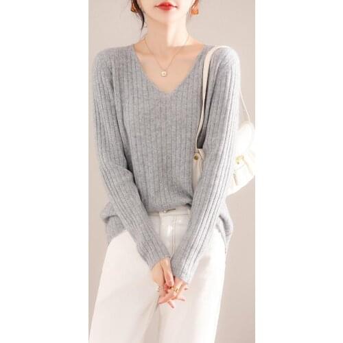 Autumn Winter Women Sweaters Sexy V-Neck Long Sleeve 100% Wool Knitted Female Pullover Tops Clothing Sweater Shirt Jumper Blouse