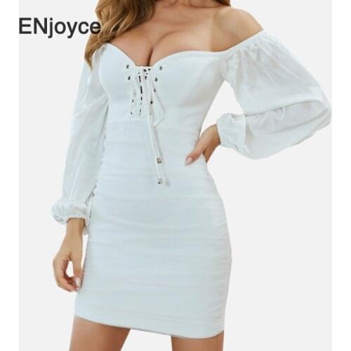 Women Bandage Dress Vestidos 2020 New Arrival Off-Shoulder Long Sleeve Puff Elegant Wedding Evening Club Party Dresses