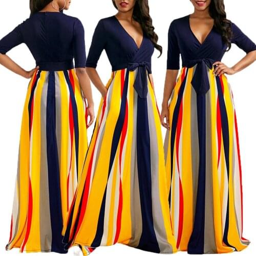 Fashion Multicolor Striped Robe Sexy Deep V-neck Low-cut Half Sleeve High Waist Bow Maxi Dresses High Street Club Party Dresses