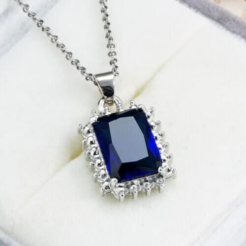 Women Luxurious Silver Color Square Design Cubic Blue Zircon Wedding Pendant Necklaces Clavicle chain Bridal Jewelry