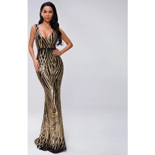 Gold Mermaid Sequin Long Evening Dress V Neck Floor Length Plus Size Prom Party Gowns New Arabic Women Dresses Customize