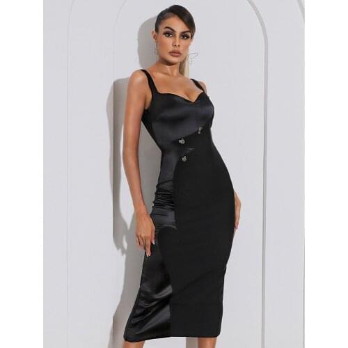 2021 Summer Sexy Club Sleeveless Patchwork Beading Women Black Evening Party Dress Split Satin Vintage Bandage Vestidos DH7475