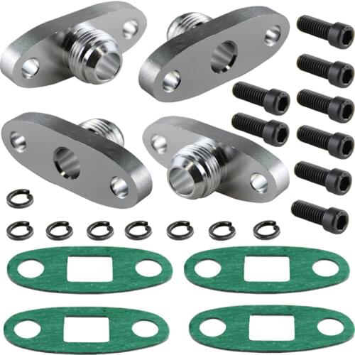 4 Pcs Turbo Oil Drain Outlet Flange Gasket Adapter Kit 10AN Male Fitting T3 T4 Black/Silver