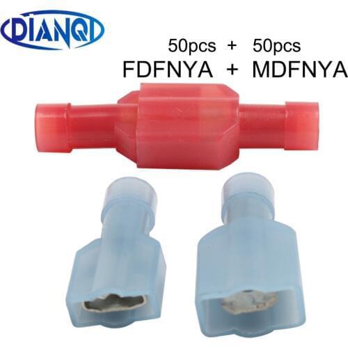 50pair MDFNYA+FDFNYA1.25-250 2-250 NYLON brass Male Female male Insulated Spade joint Connector Crimp Terminal Connectors
