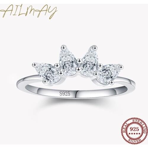 Ailmay Real 925 Sterling Silver Crown Ring Fashionc Luxury Clear CZ Water Drop Shape Rings For Women Wedding Engagement Jewelry