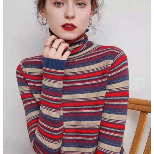 Color Striped Knit Sweater Piled Collar Blouse Pullover Loose Bottoming Woolen Sweater Tibetan Meat Was Thin Korean Wild Sweater